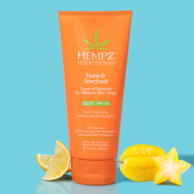 Lemons and Starfruit with Hempz Daily SPF Yuzu & Starfruit Touch of Summer Moisturizing Gradual Self-Tanning Creme
